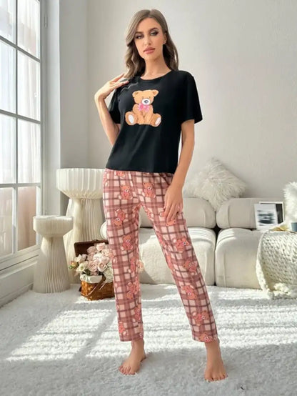 Graphic Tee And Plaid Printed Pants Pajama Set