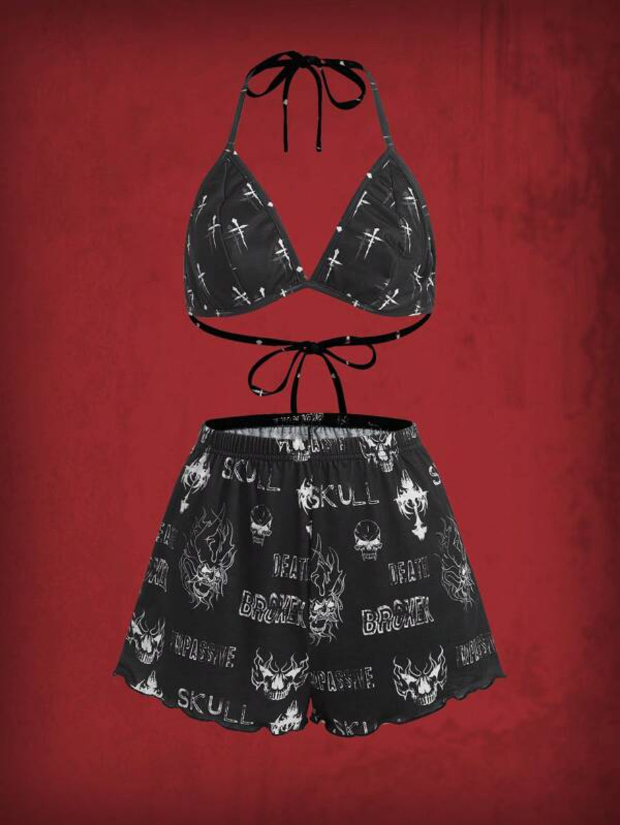 Grunge Punk Letter Graphic Halter Shorts Set