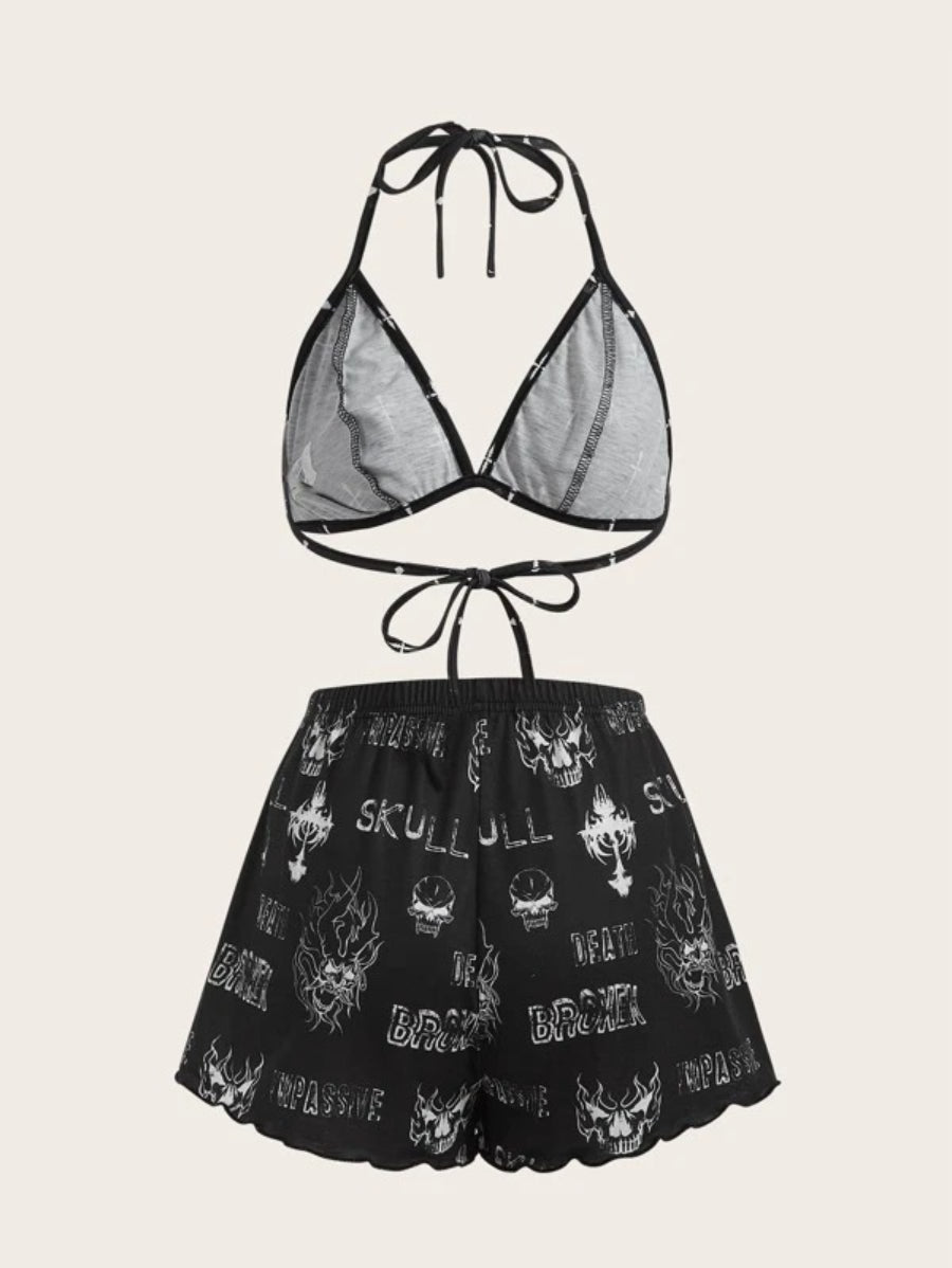 Grunge Punk Letter Graphic Halter Shorts Set