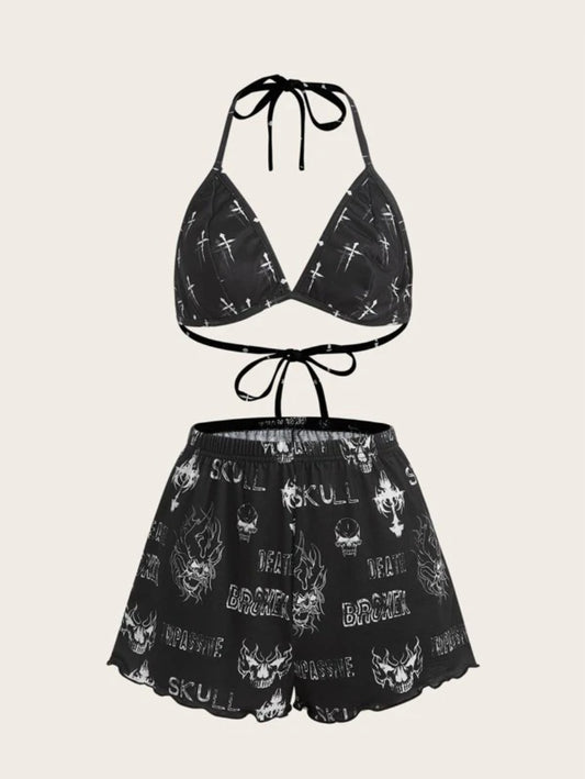 Grunge Punk Letter Graphic Halter Shorts Set L