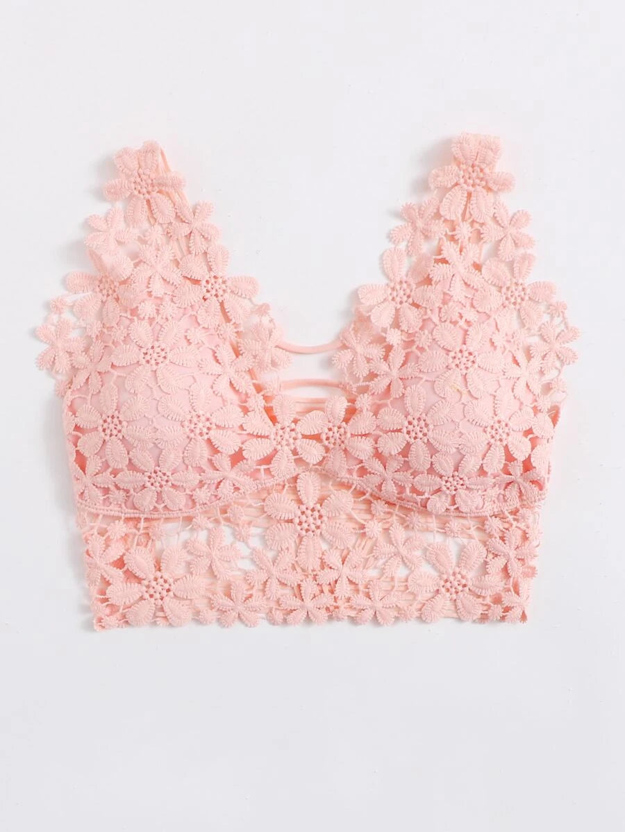 Guipure Lace Longline Bralette Pink