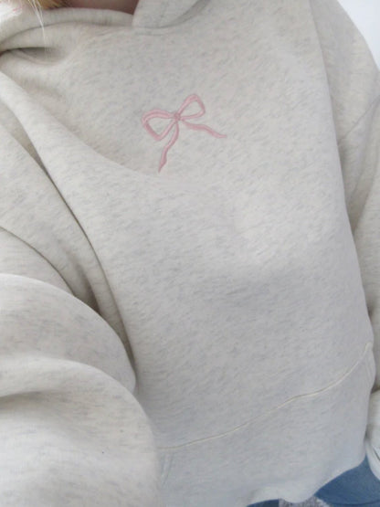 Embroidered Bow Printed Hoodie Grey