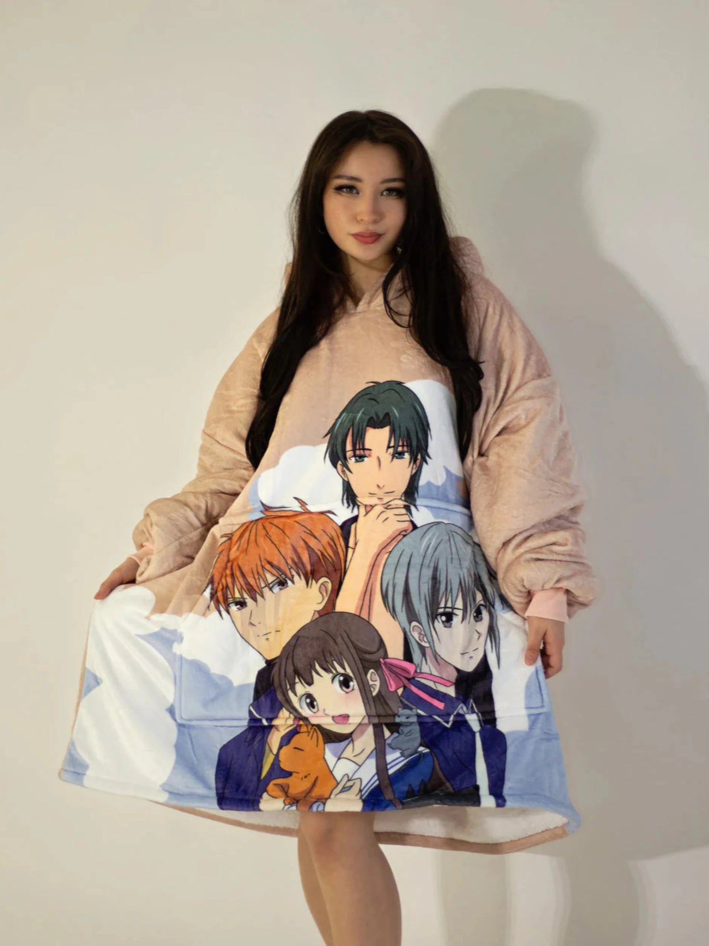 Anime Oversized Cozy Blanket Hoodie Beige