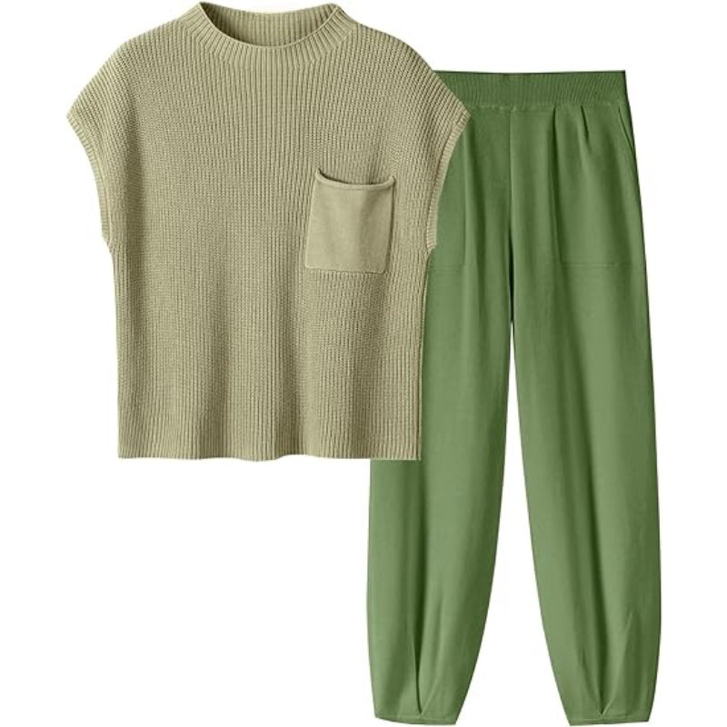 Knit Pullover Crop Top And Pants Set Dark Green