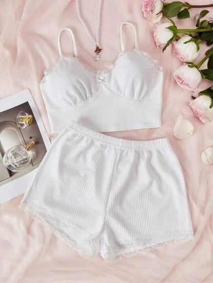 Lace Bow Front Cami Top And Shorts Set