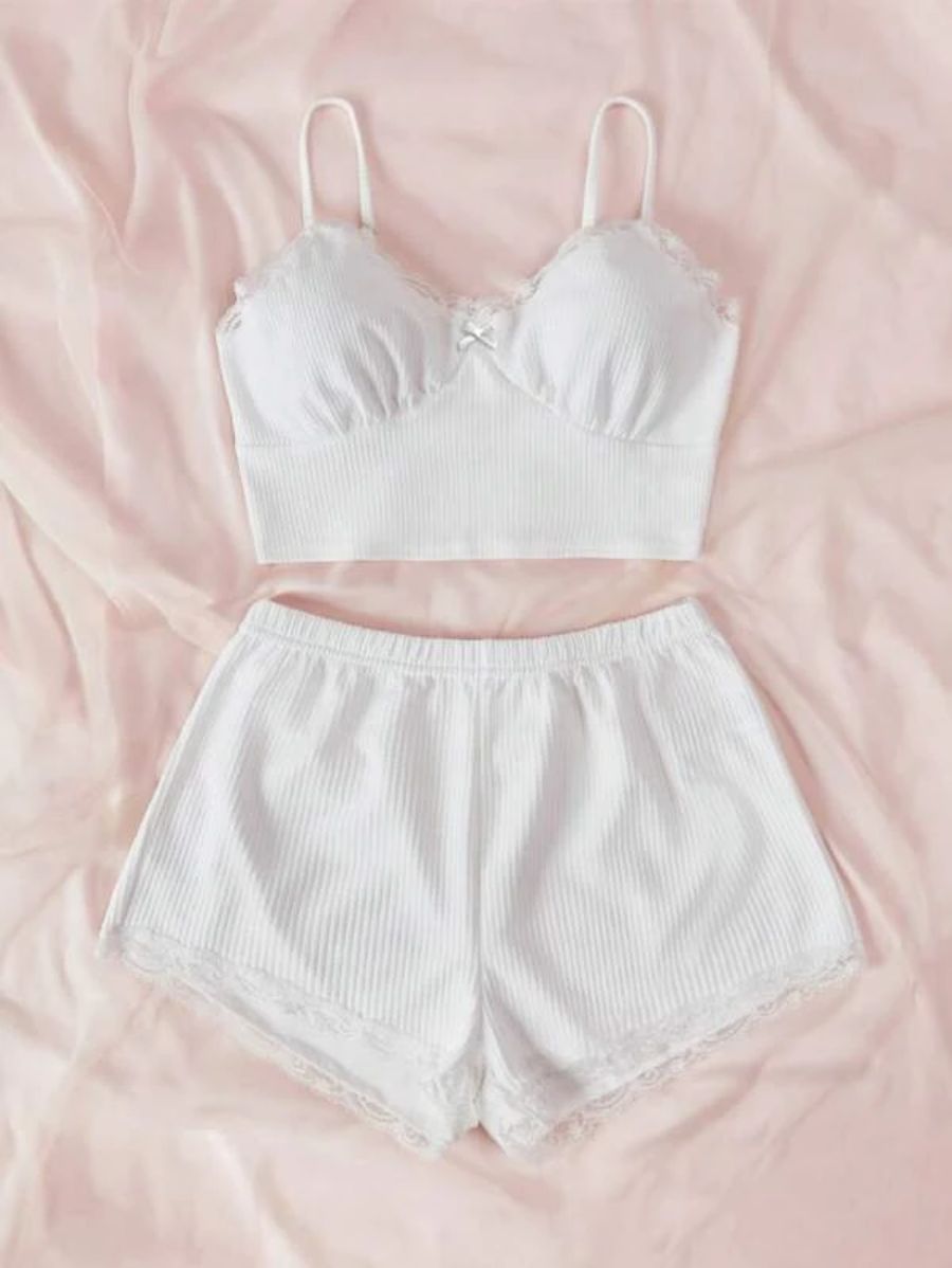 Lace Bow Front Cami Top And Shorts Set White