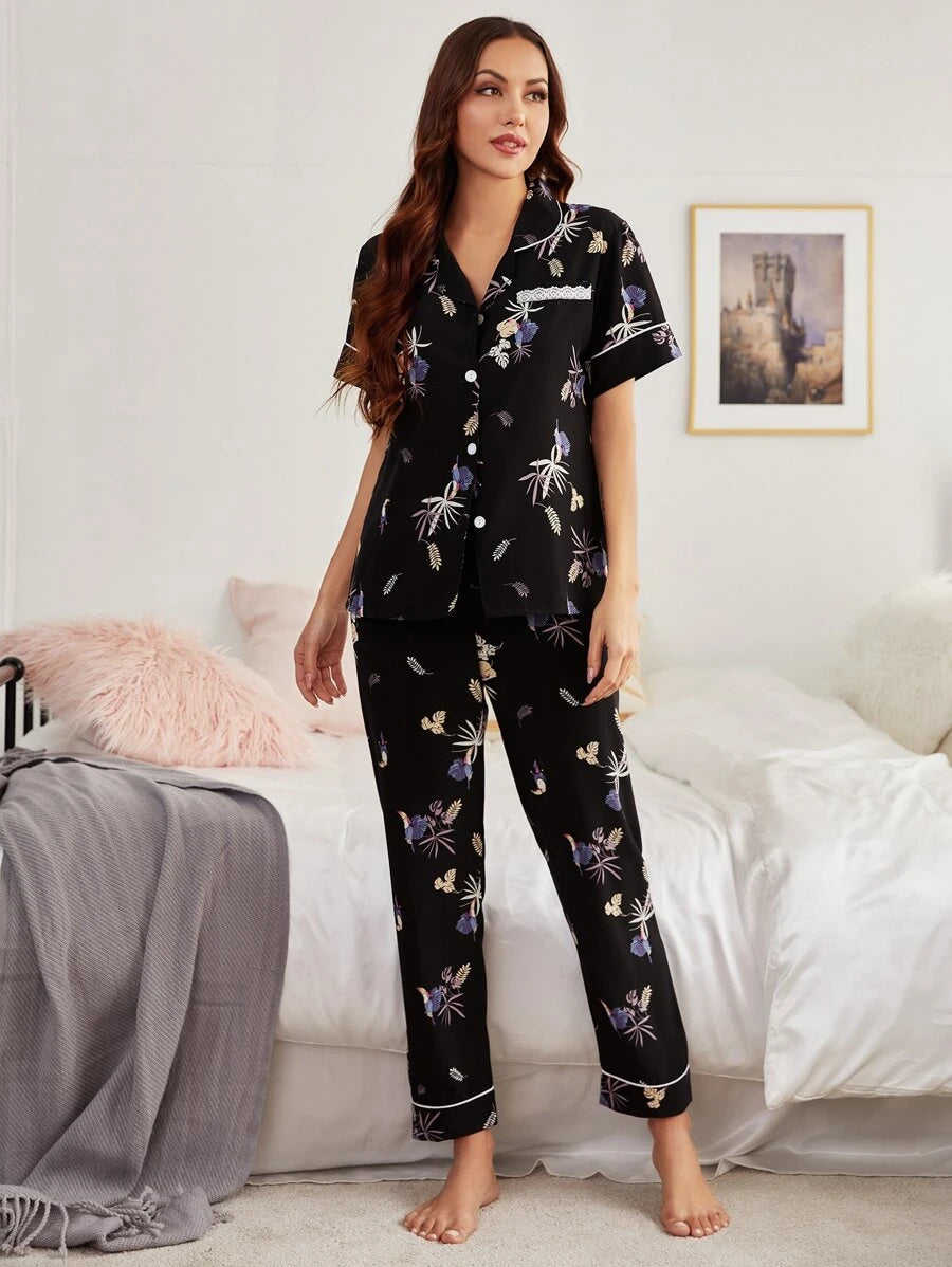 Lapel Elegant Collar Plants Print Night Set