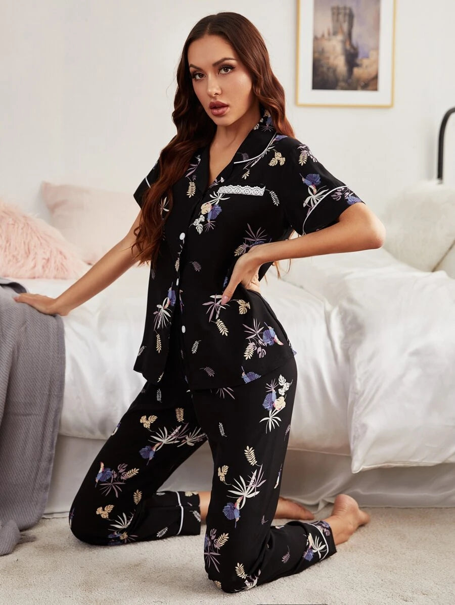 Lapel Elegant Collar Plants Print Night Set