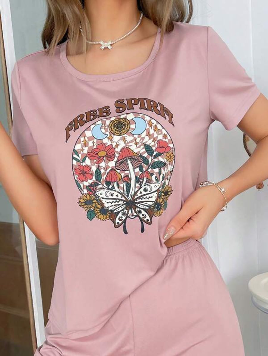 Letter And Floral Print Sleep Top