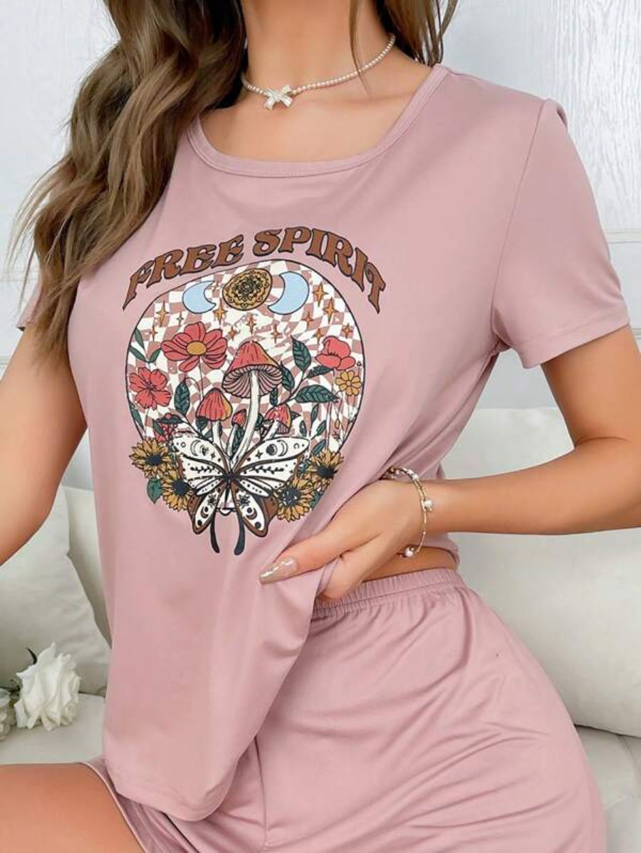 Letter And Floral Print Sleep Top