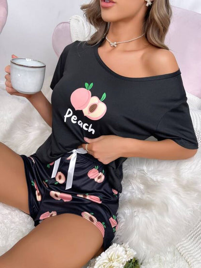 Letter And Fruit Print Bow Front PJ Set