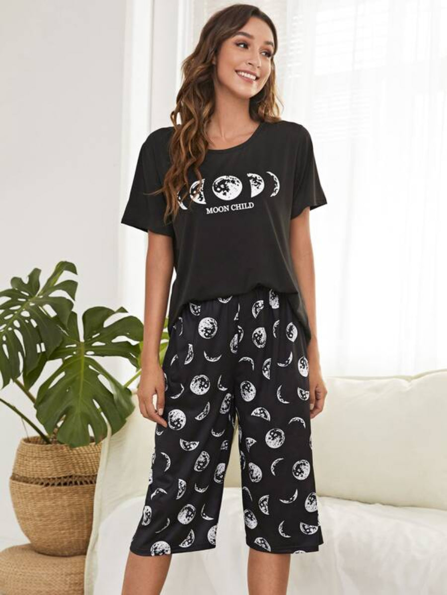 Letter And Moon Print Top And Pants Set