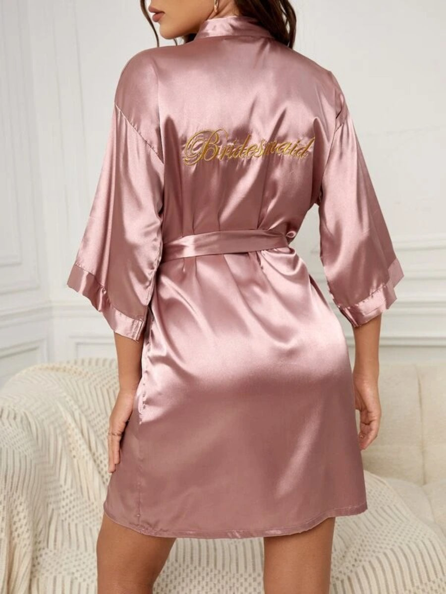 Letter Embroidered Belted Satin Bridesmaid Robe