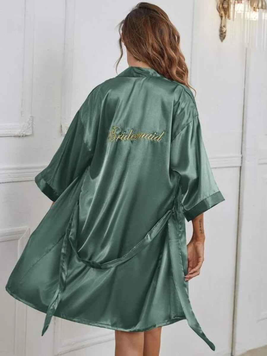 Letter Embroidered Belted Satin Bridesmaid Robe