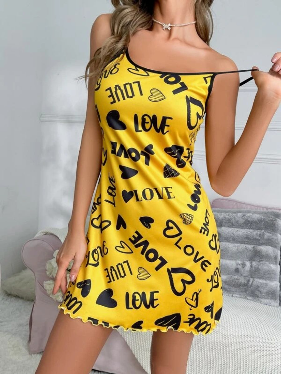 Letter Graphic Lettuce Trim Contrast Binding Cami Nightdress