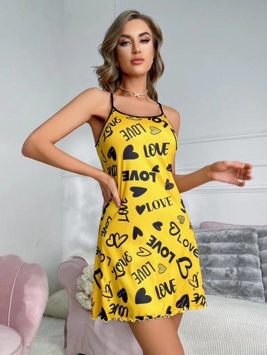 Letter Graphic Lettuce Trim Contrast Binding Cami Nightdress