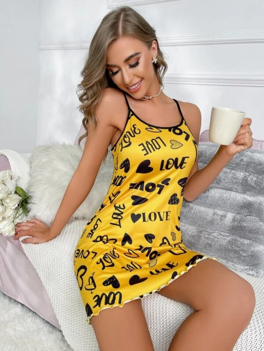 Letter Graphic Lettuce Trim Contrast Binding Cami Nightdress
