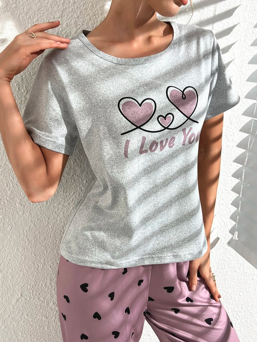 Letter Graphic Tee And Pants Slight Stretch Set