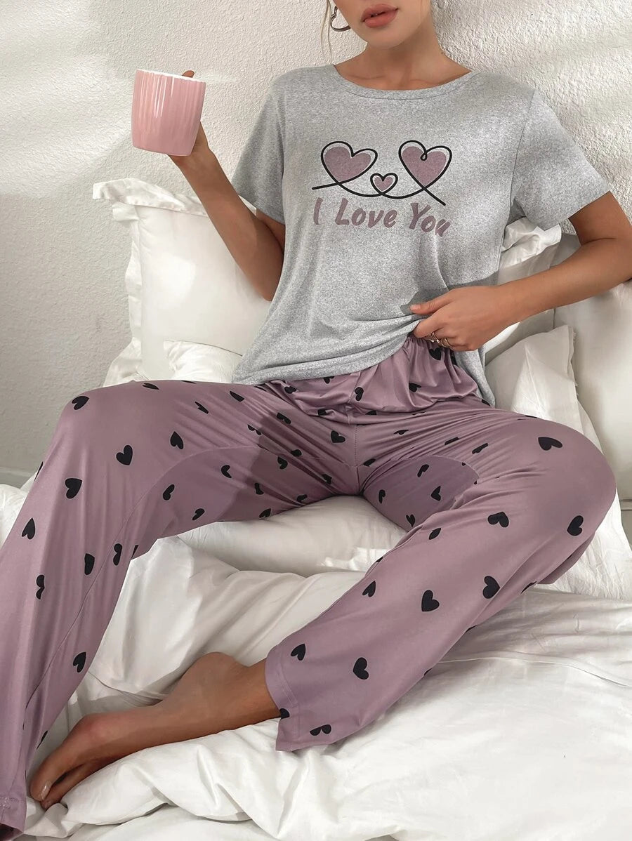 Letter Graphic Tee And Pants Slight Stretch Set