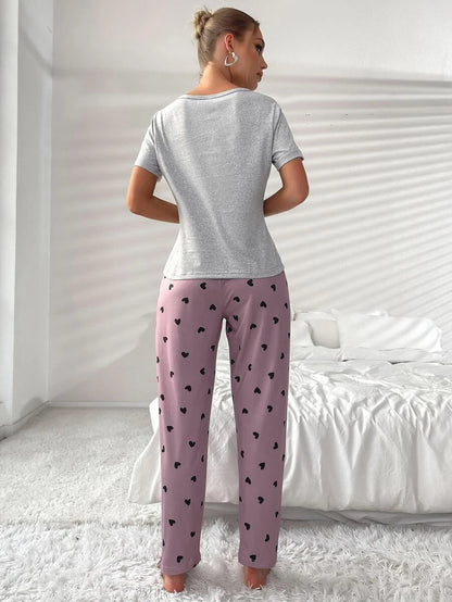 Letter Graphic Tee And Pants Slight Stretch Set
