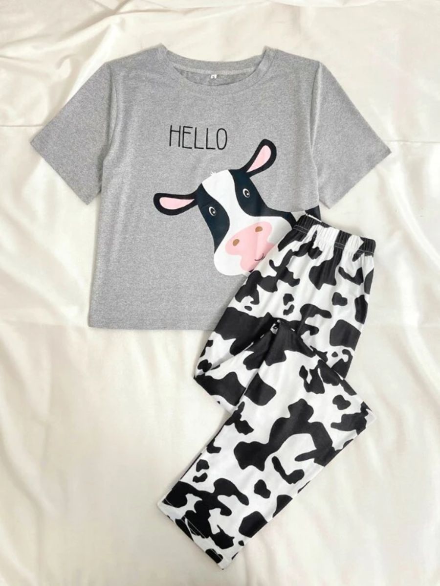 Letter Graphic Tee And Striped Pants Set Gray