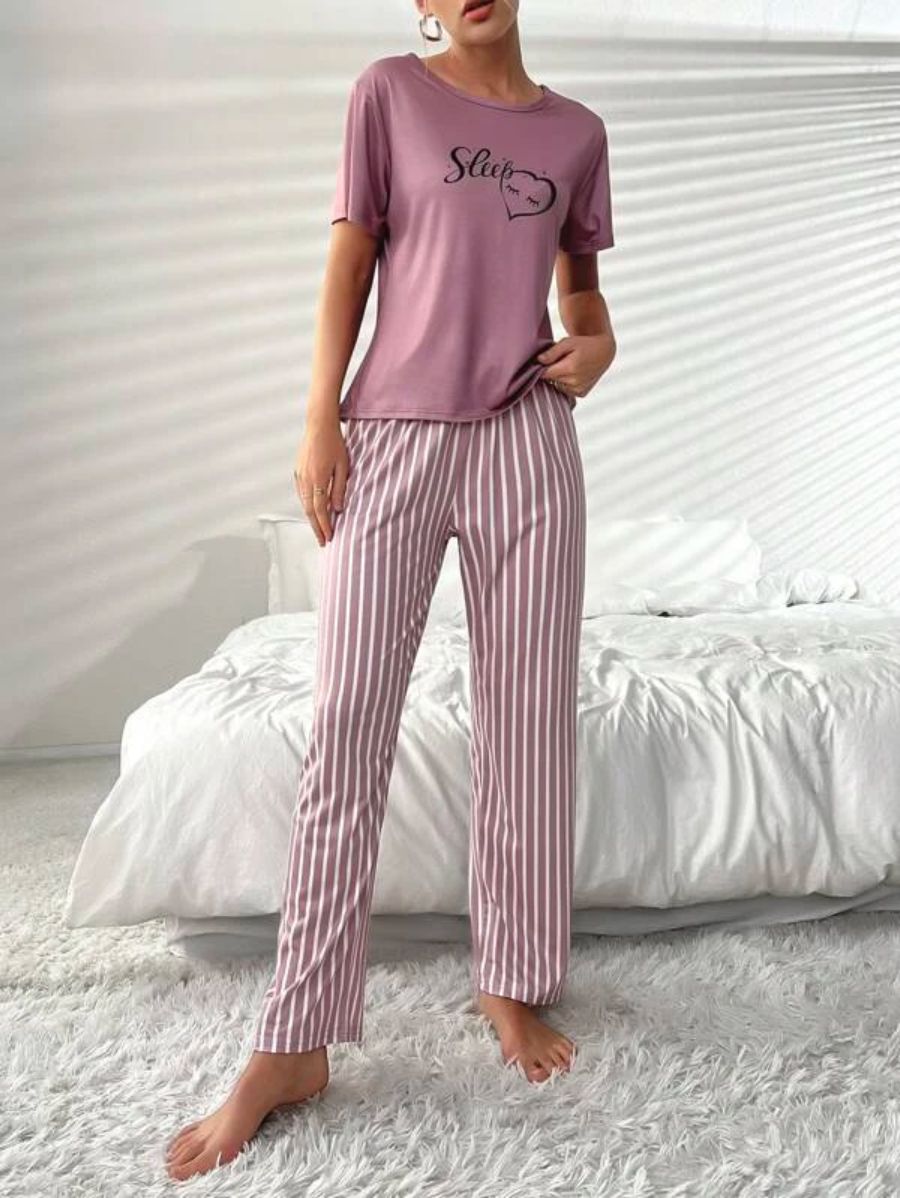 Letter Graphic Tee And Striped Pants Set Purple