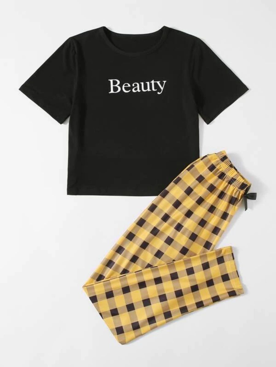 Letter Graphic Tee And Striped Pants Set Yellow