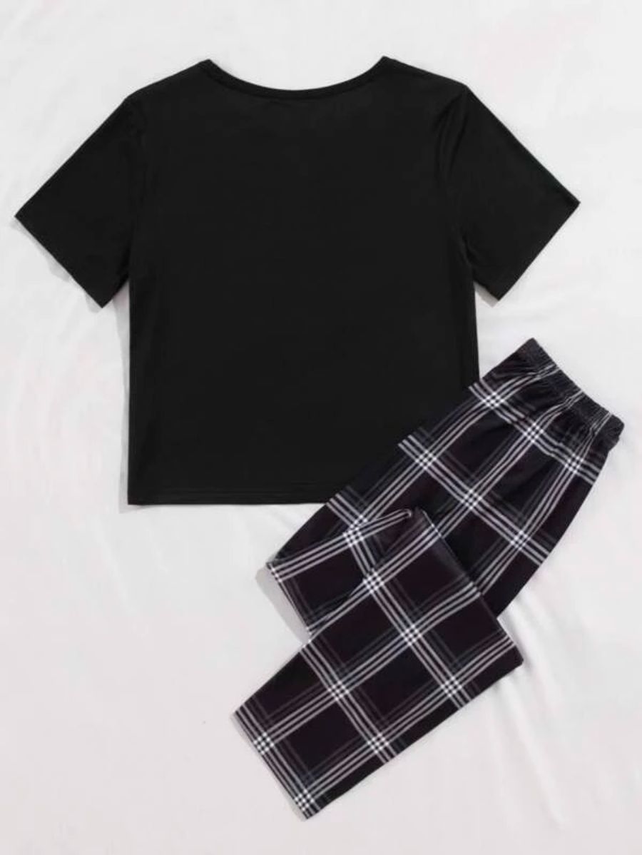 Letter Graphic Tee And Striped Pants Set