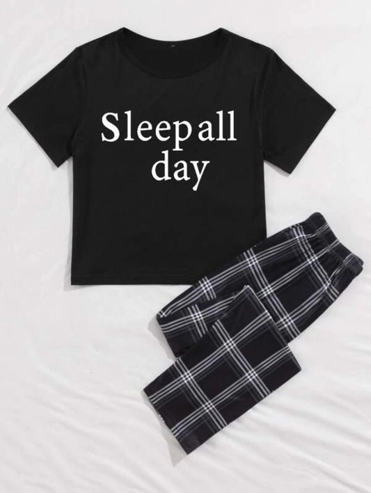 Letter Graphic Tee And Striped Pants Set Black