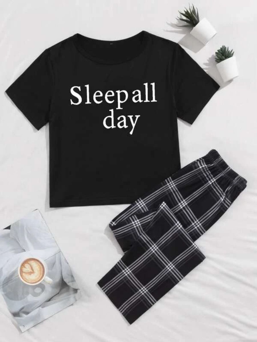 Letter Graphic Tee And Striped Pants Set