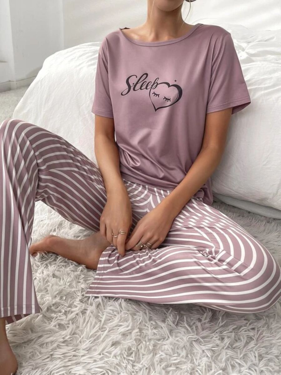 Letter Graphic Tee And Striped Pants Set