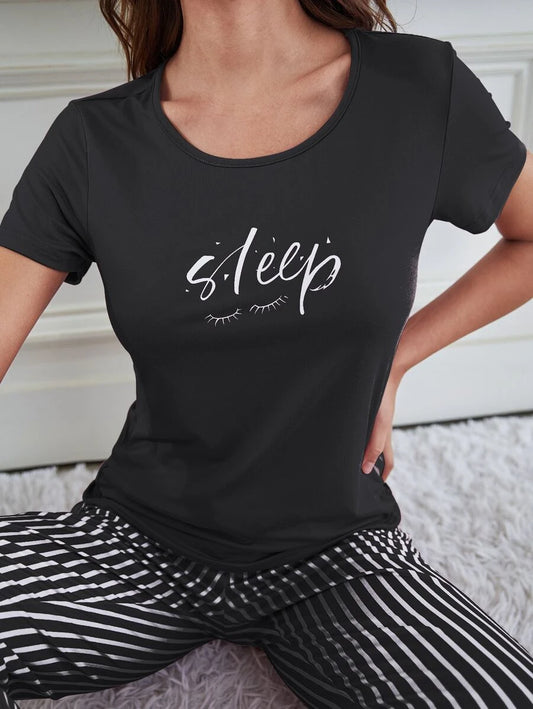 Letter Graphic T Shirt And Striped Pants Set Black