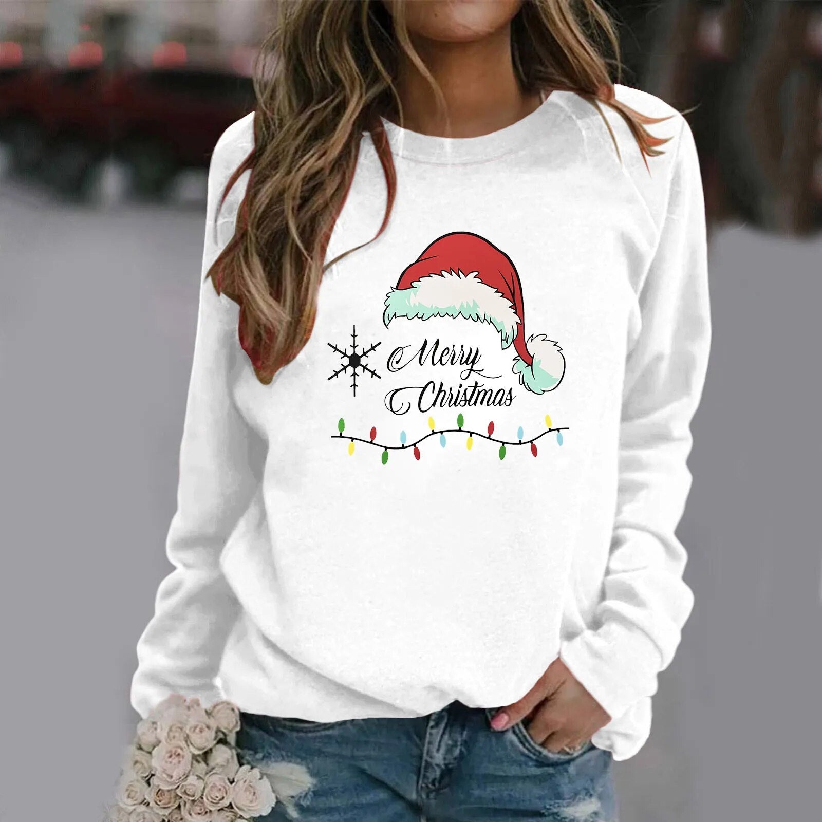 Merry Christmas Printed Pullover Sweatshirt White