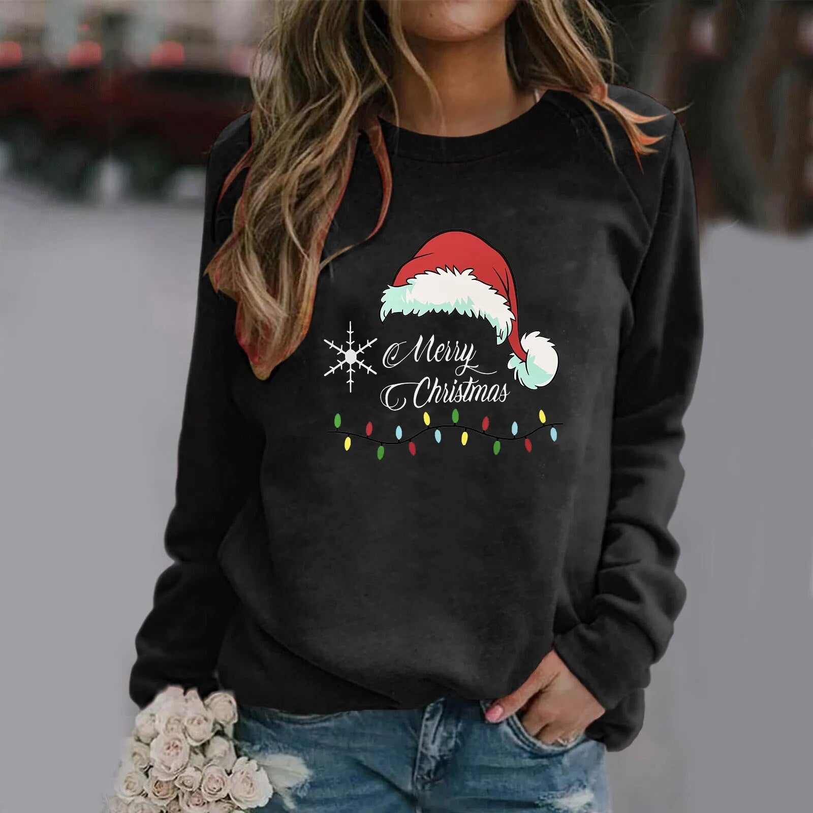 Merry Christmas Printed Pullover Sweatshirt Black