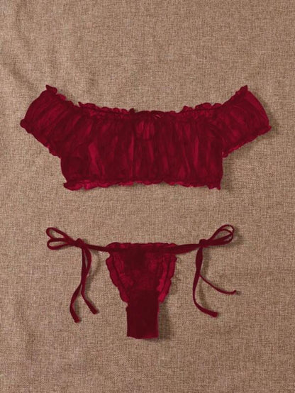 Mesh Lettuce Trim Lingerie Set Maroon