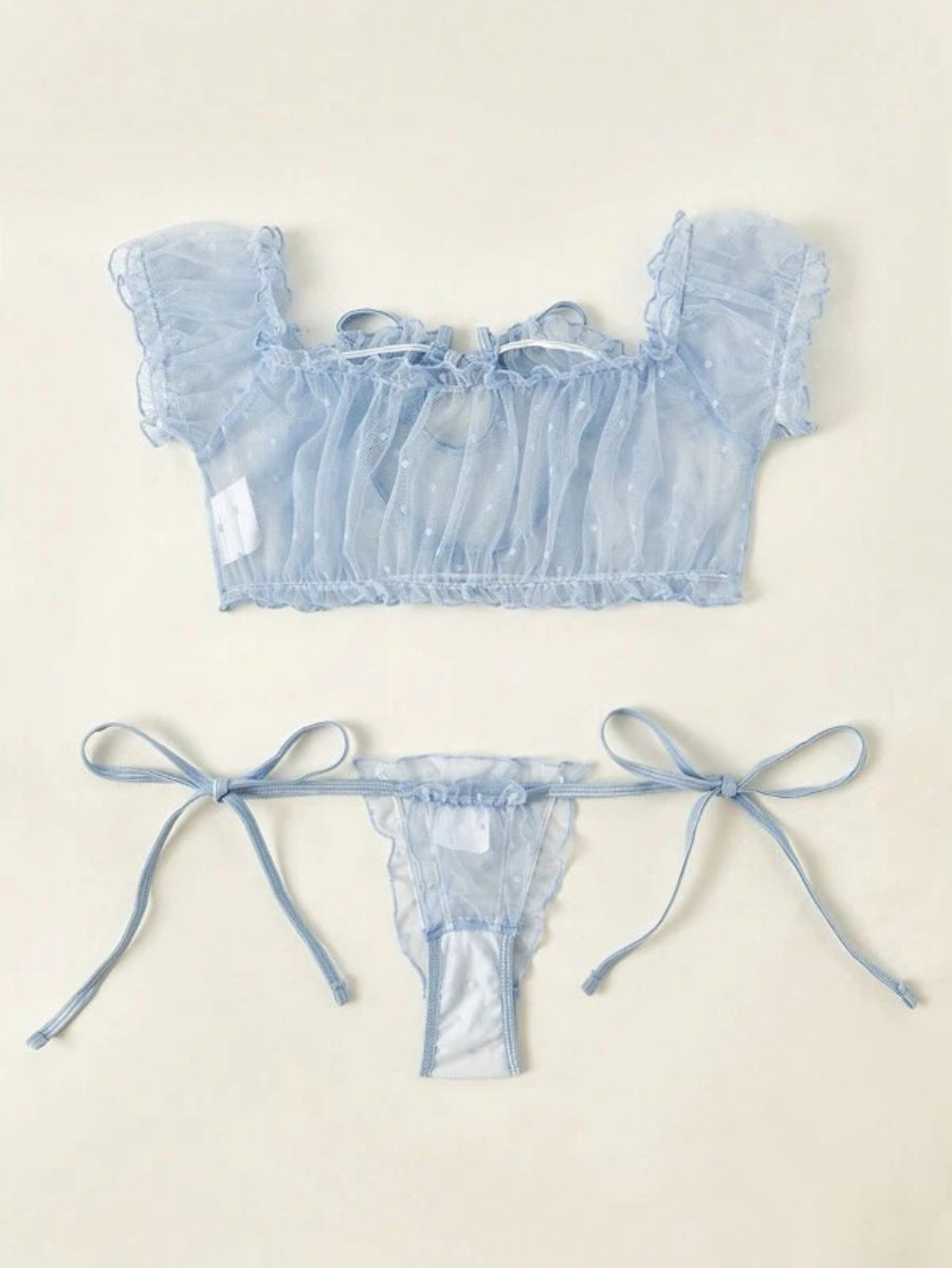 Mesh Lettuce Trim Lingerie Set Blue