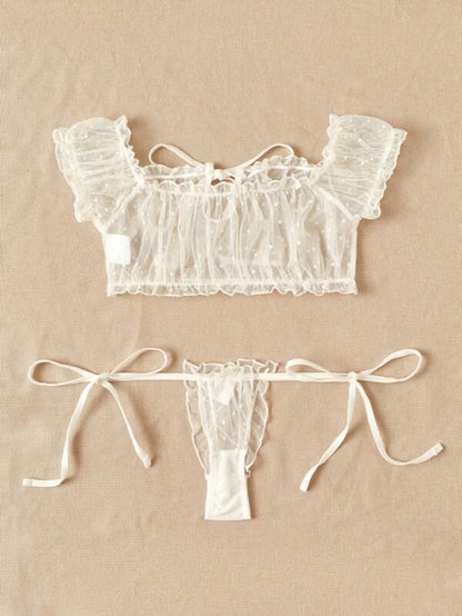 Mesh Lettuce Trim Lingerie Set White