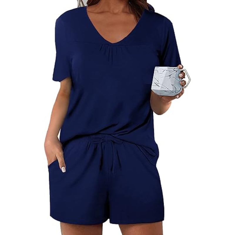 Solid Pajama And Short Set Navy Blue Stripe