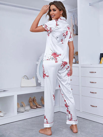 Notch Collar Floral Satin Blouse And Pants Set