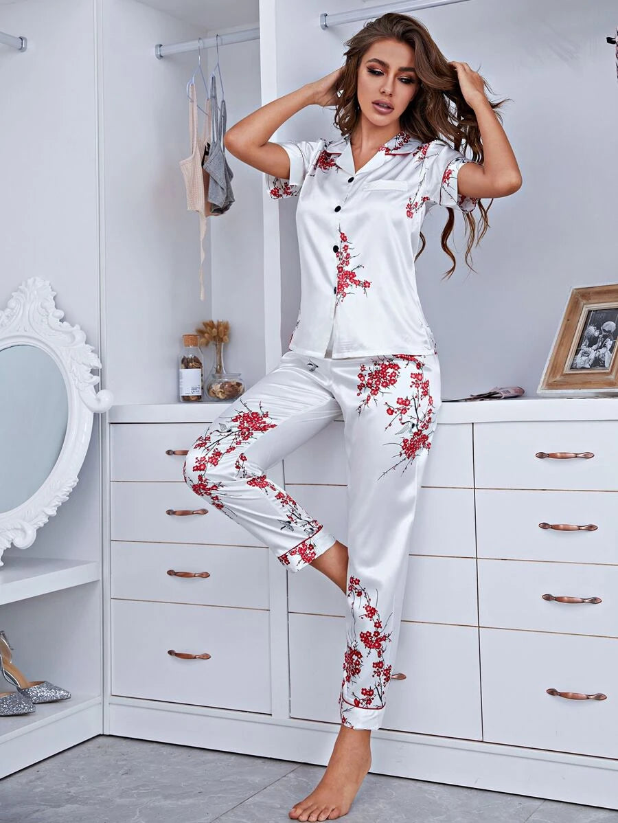 Notch Collar Floral Satin Blouse And Pants Set