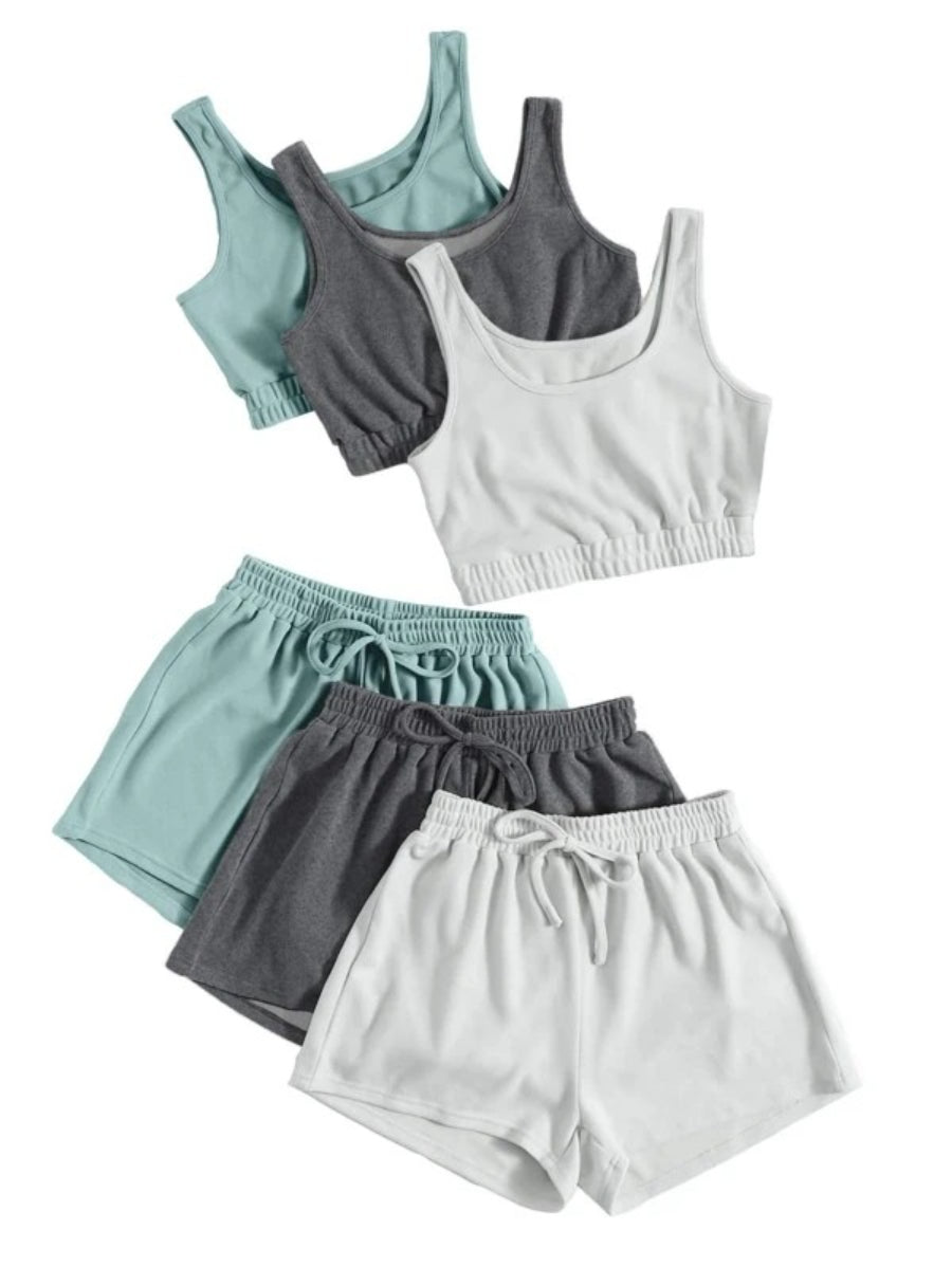 Pack Of 3 Crop Tank Top And Knot Front Shorts Set
