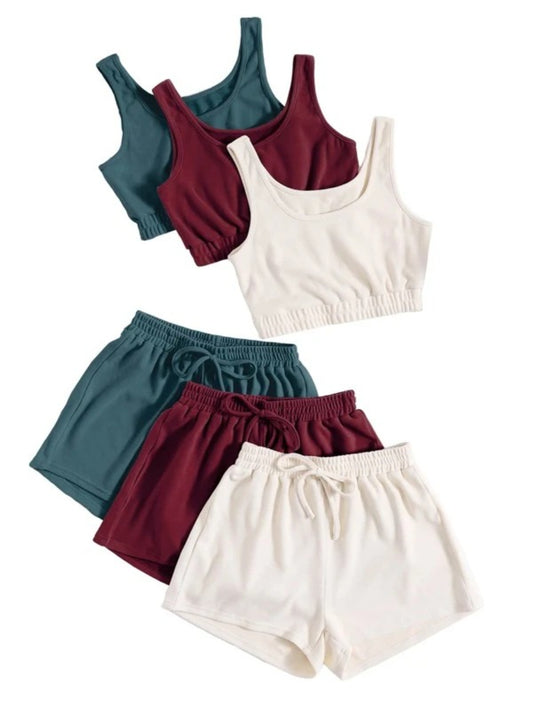 Pack Of 3 Crop Top And Knot Front Shorts Lounge Set