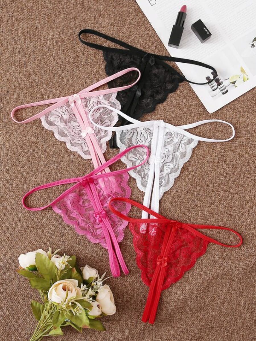 Pack Of 5 Floral Lace Crotchless Thong Set One Size