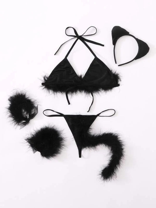 Fluffy Triangle Thong Costume 5 Piece Set One Size