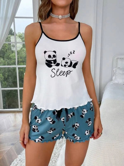 Panda And Letter Graphic Contrast Binding Shorts Set