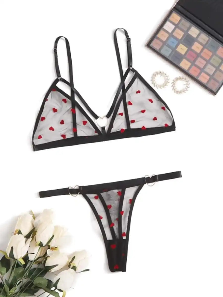 Pattern Mesh Ring Linked Lingerie Set