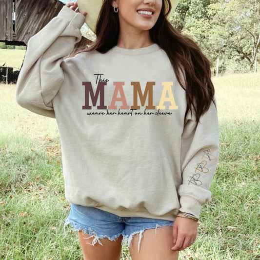 Customized Wear Heart On Sleeve Mama Sweatshirt Hoodie With Kid Names on Sleeves Mother's Day Birthday Gift