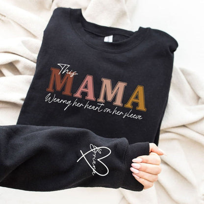 Customized Wear Heart On Sleeve Mama Sweatshirt Hoodie With Kid Names on Sleeves Mother's Day Birthday Gift