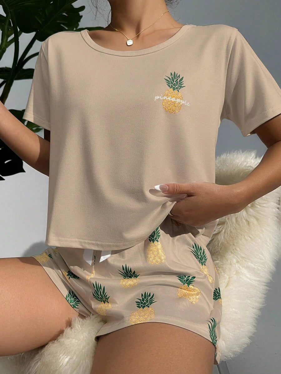 Pineapple Print Tee And Shorts Set