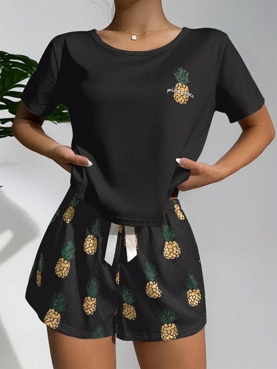 Pineapple Print Tee And Shorts Set Black